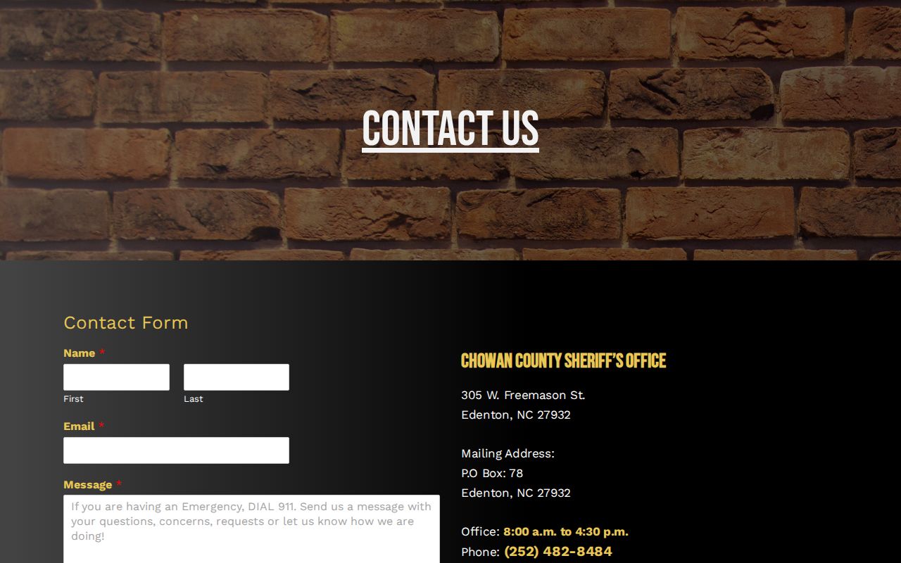 Chowan County Sheriff's Office contact page with Edenton address and phone