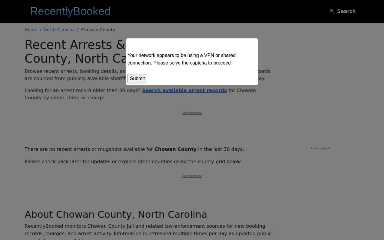 RecentlyBooked unofficial Chowan County recent arrest page
