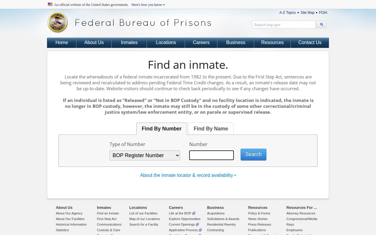 Federal Bureau of Prisons locator for federal custody outside Chowan County VINE